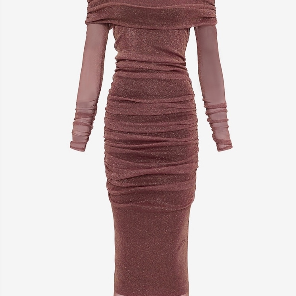 Express Metallic Mesh Fold Over Off The Shoulder Ruched Midi Dress - Picture 3 of 7